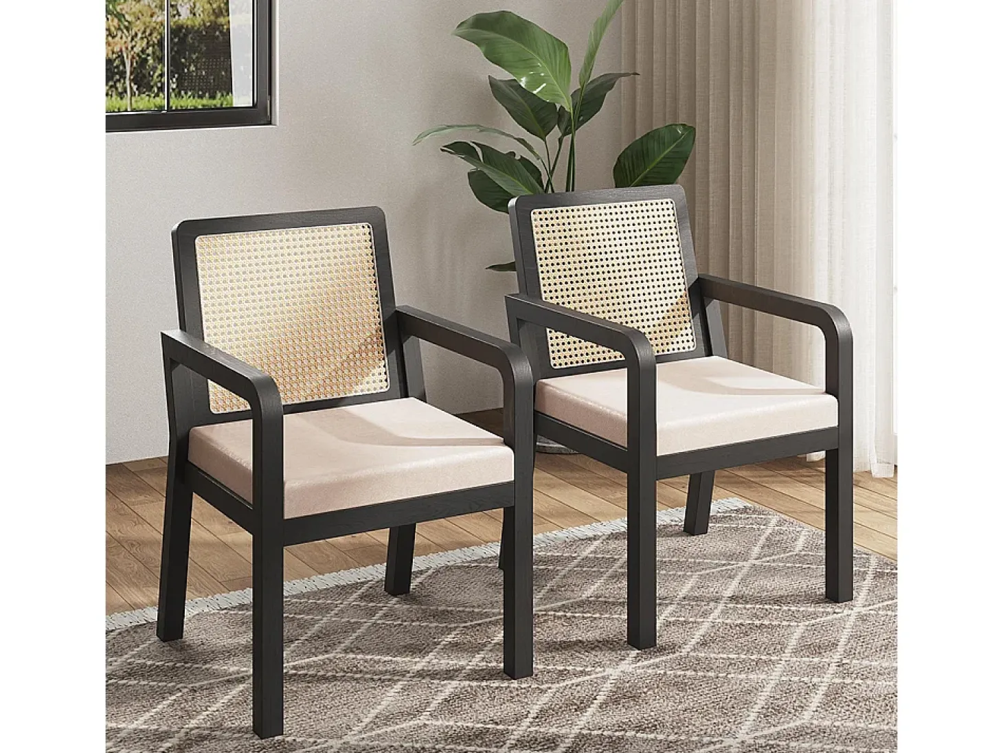 Sillas de comedor (4 unidades), tapizadas en terciopelo, diseño ergonómico, respaldo de ratán trenzado, patas de madera de caucho, color negro