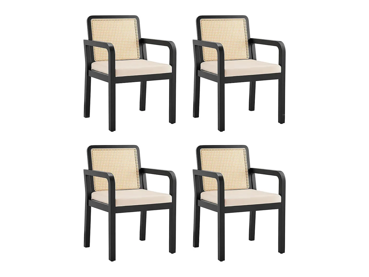 Sillas de comedor (4 unidades), tapizadas en terciopelo, diseño ergonómico, respaldo de ratán trenzado, patas de madera de caucho, color negro