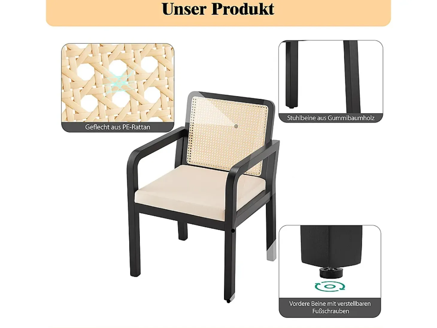 Sillas de comedor (4 unidades), tapizadas en terciopelo, diseño ergonómico, respaldo de ratán trenzado, patas de madera de caucho, color negro