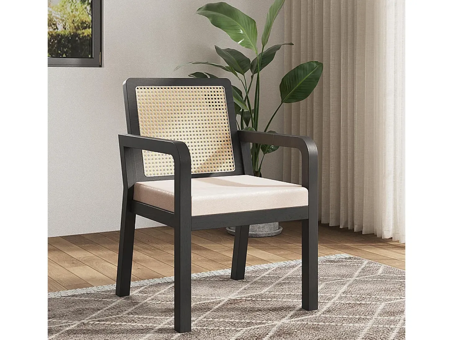 Sillas de comedor (4 unidades), tapizadas en terciopelo, diseño ergonómico, respaldo de ratán trenzado, patas de madera de caucho, color negro