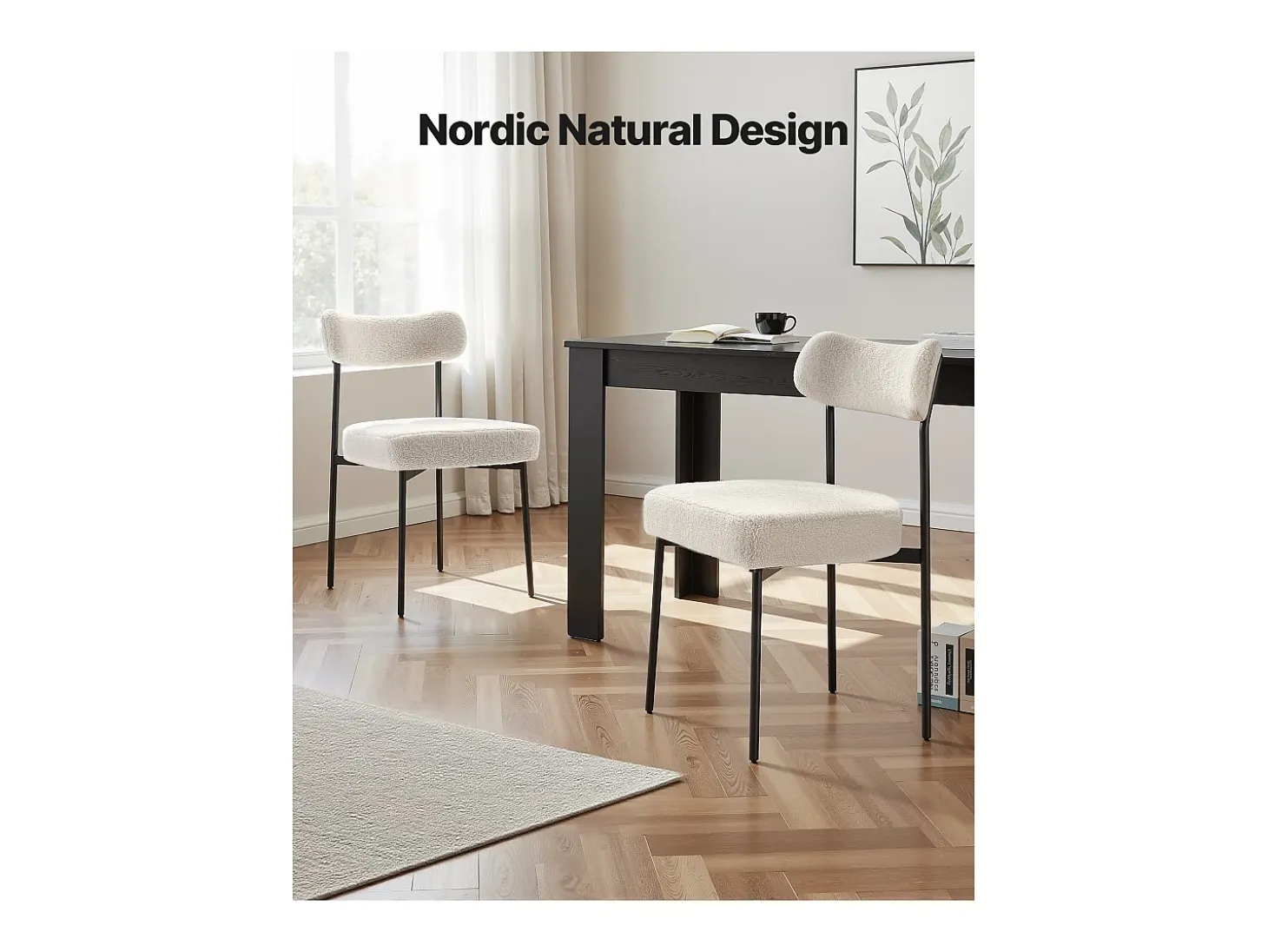 Sillas de Comedor Bouclettes SucceBuy, Juego de 4 Sillas de Cocina Sherpa, con Respaldo Curvo y Patas de Metal, para Mesa de Comedor, Blanco