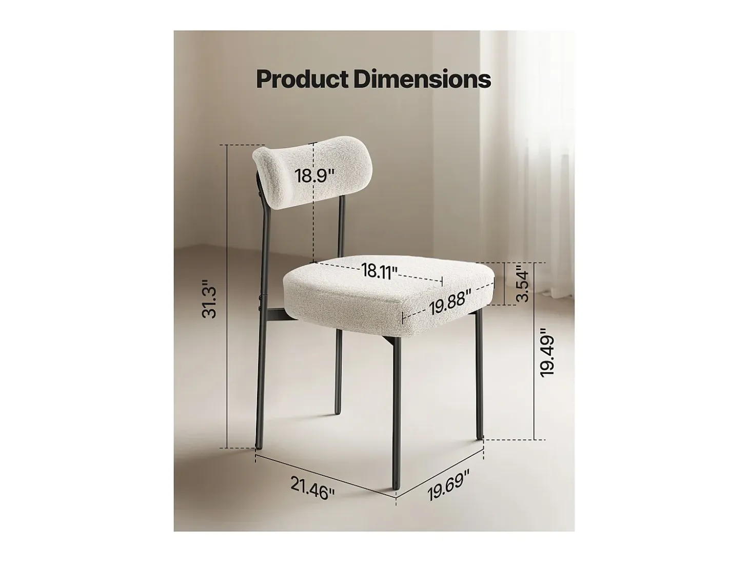 Sillas de Comedor Bouclettes SucceBuy, Juego de 4 Sillas de Cocina Sherpa, con Respaldo Curvo y Patas de Metal, para Mesa de Comedor, Blanco