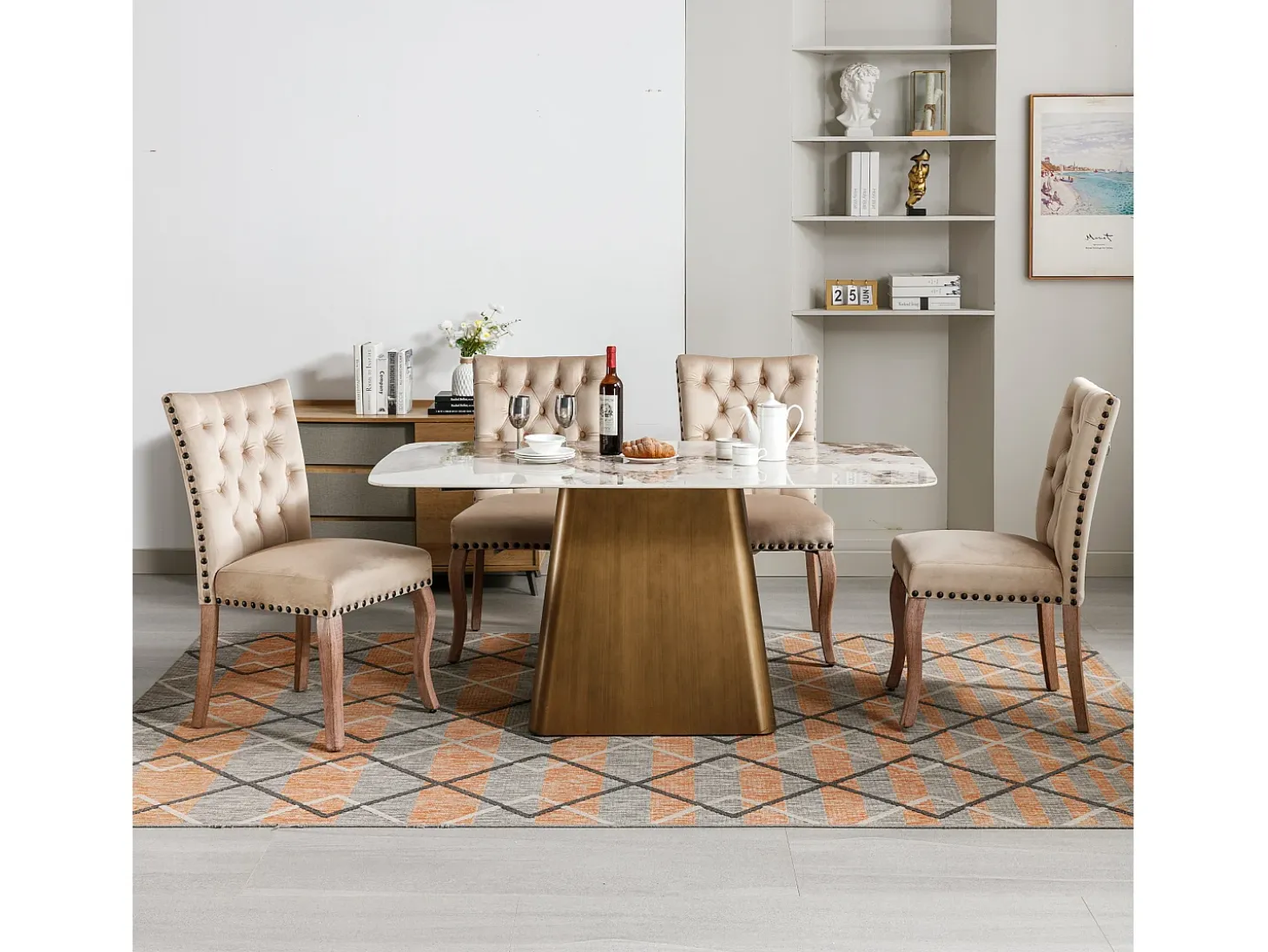 Sillas de comedor con campana decorativa, juego de 4, patas de madera maciza, terciopelo camel claro, clavos decorativos (49 x 63 x 95 cm)