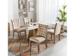 Sillas de comedor con campana decorativa, juego de 4, patas de madera maciza, terciopelo camel claro, clavos decorativos (49 x 63 x 95 cm)