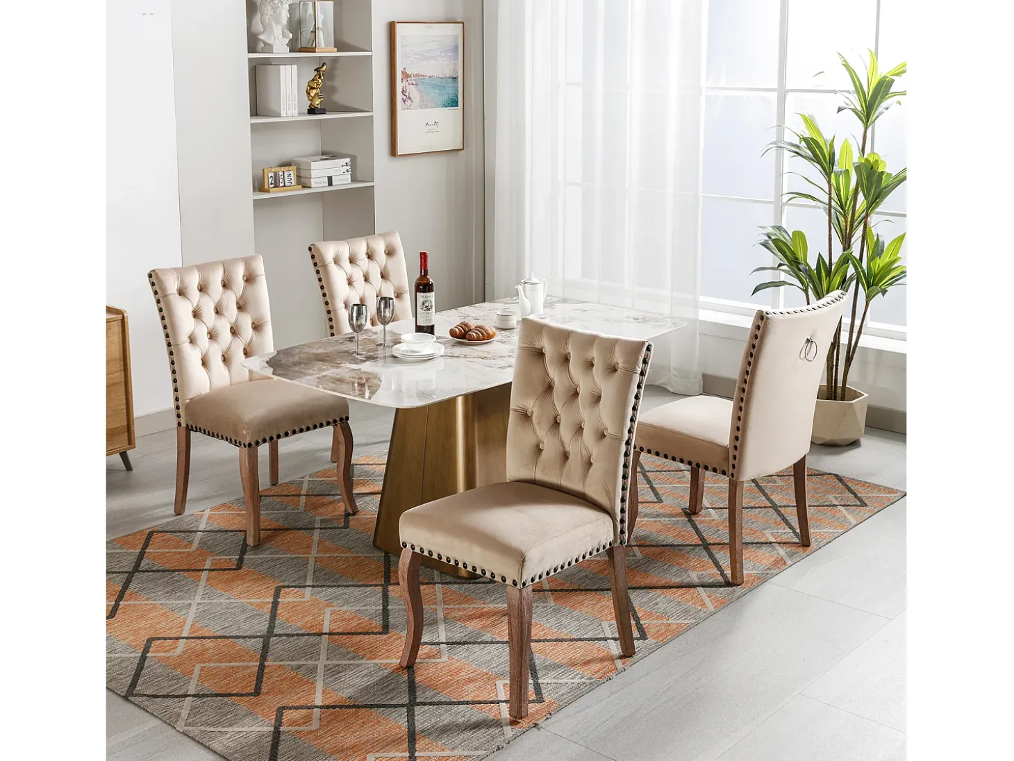 Sillas de comedor con campana decorativa, juego de 4, patas de madera maciza, terciopelo camel claro, clavos decorativos (49 x 63 x 95 cm)