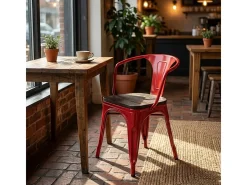sillas de comedor de metal y madera estilo industrial steel wood arm - Rojo