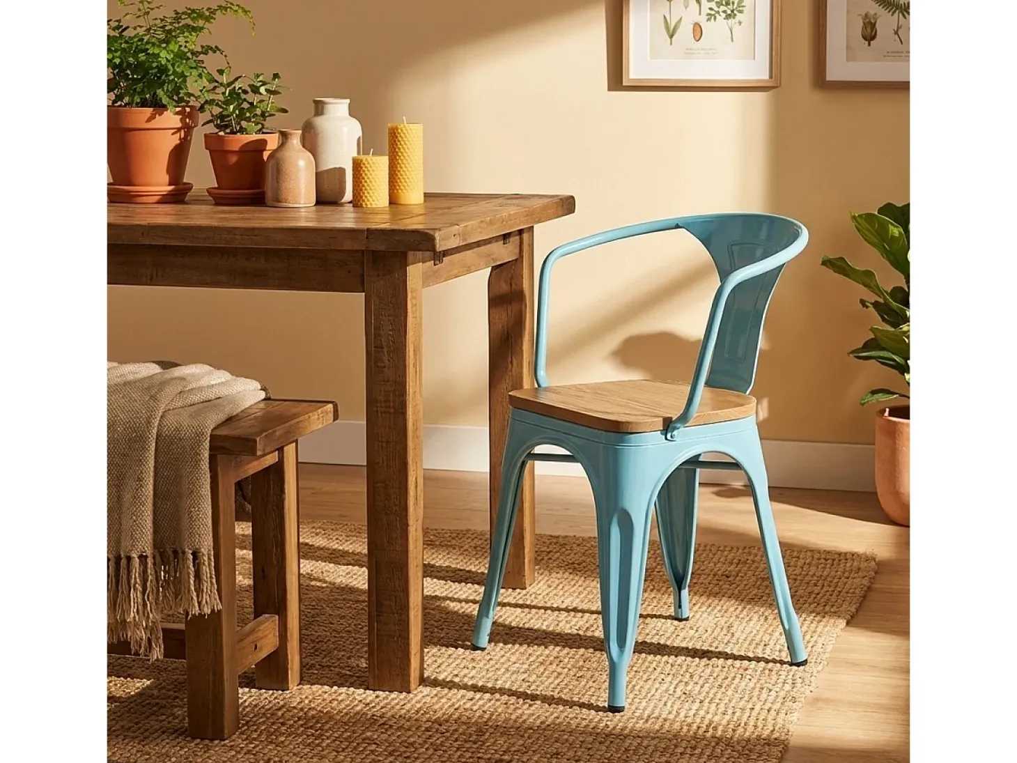 sillas de comedor de metal y madera estilo industrial steel wood arm light - Azul