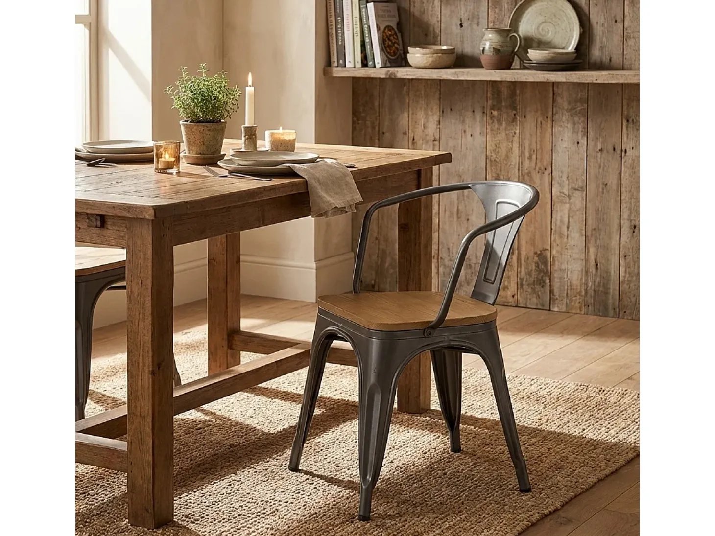 sillas de comedor de metal y madera estilo industrial steel wood arm light - Gris Oscuro