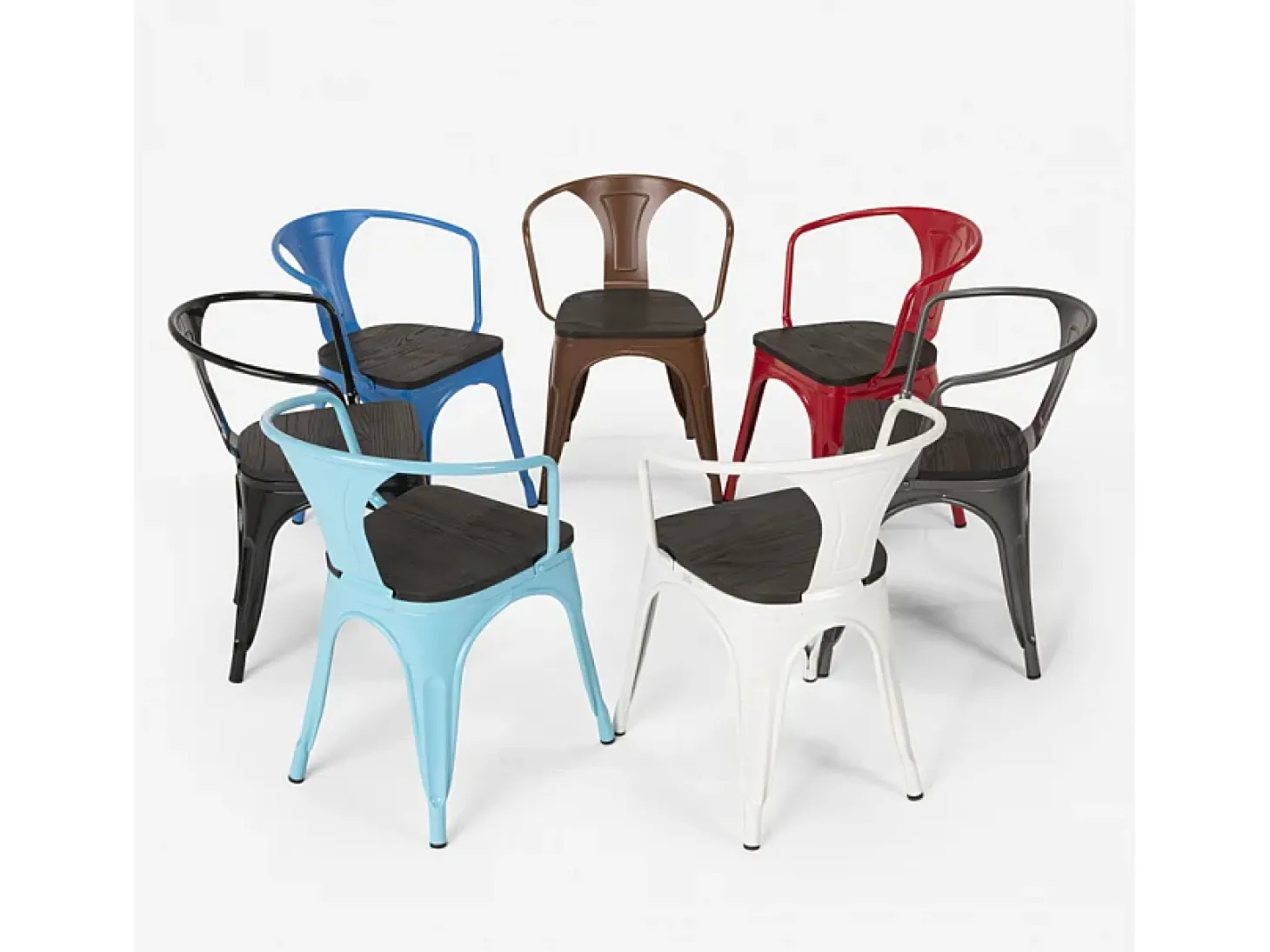 sillas de comedor de metal y madera estilo industrial steel wood arm - Marrón
