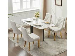 Sillas de comedor, juego de dos, tapizadas en tela con acolchado mullido, patas curvadas de madera maciza, lino, beige claro