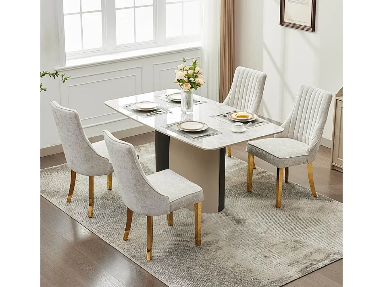 Sillas de comedor, juego de dos, tapizadas en tela con acolchado mullido, patas curvadas de madera maciza, lino, beige claro