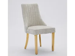Sillas de comedor, juego de dos, tapizadas en tela con acolchado mullido, patas curvadas de madera maciza, lino, beige claro