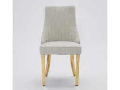 Sillas de comedor, juego de dos, tapizadas en tela con acolchado mullido, patas curvadas de madera maciza, lino, beige claro