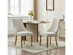 Sillas de comedor, juego de dos, tapizadas en tela con acolchado mullido, patas curvadas de madera maciza, lino, beige claro