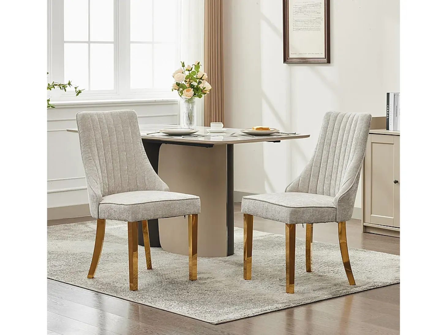 Sillas de comedor, juego de dos, tapizadas en tela con acolchado mullido, patas curvadas de madera maciza, lino, beige claro