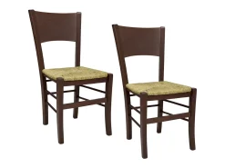 Sillas de comedor Lucy, juego de 2, en madera de nogal oscuro con asiento de paja.