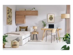 Sillas de madera clara roble, tela de terciopelo beige texturizado y metal negro (juego de 2) SUSAN