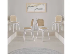 Sillas de madera y ratán vintage, set de 4 blanco