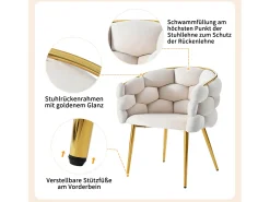 Sillas de terciopelo de lujo de 1 plaza, sillas de sala, sillas de comedor, patas de hierro dorado, beige, sillas burbuja