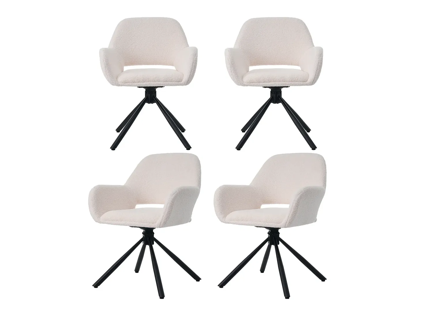 Sillas giratorias con reposabrazos, tejido Sherpa, 4 piezas, patas de metal, color blanco (68x65x51 cm)