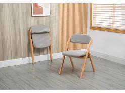Sillas plegables con asiento acolchado, juego de 2, sillas de comedor apilables de madera, funda extraíble, color gris