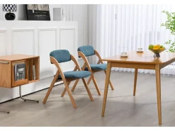 Sillas plegables con cojín, sillas apilables de madera, juego de 2, color azul (79 x 54 x 77 cm)