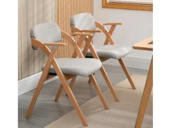 Sillas plegables con reposabrazos, juego de 2, silla de comedor apilable de madera con asientos tapizados, gris