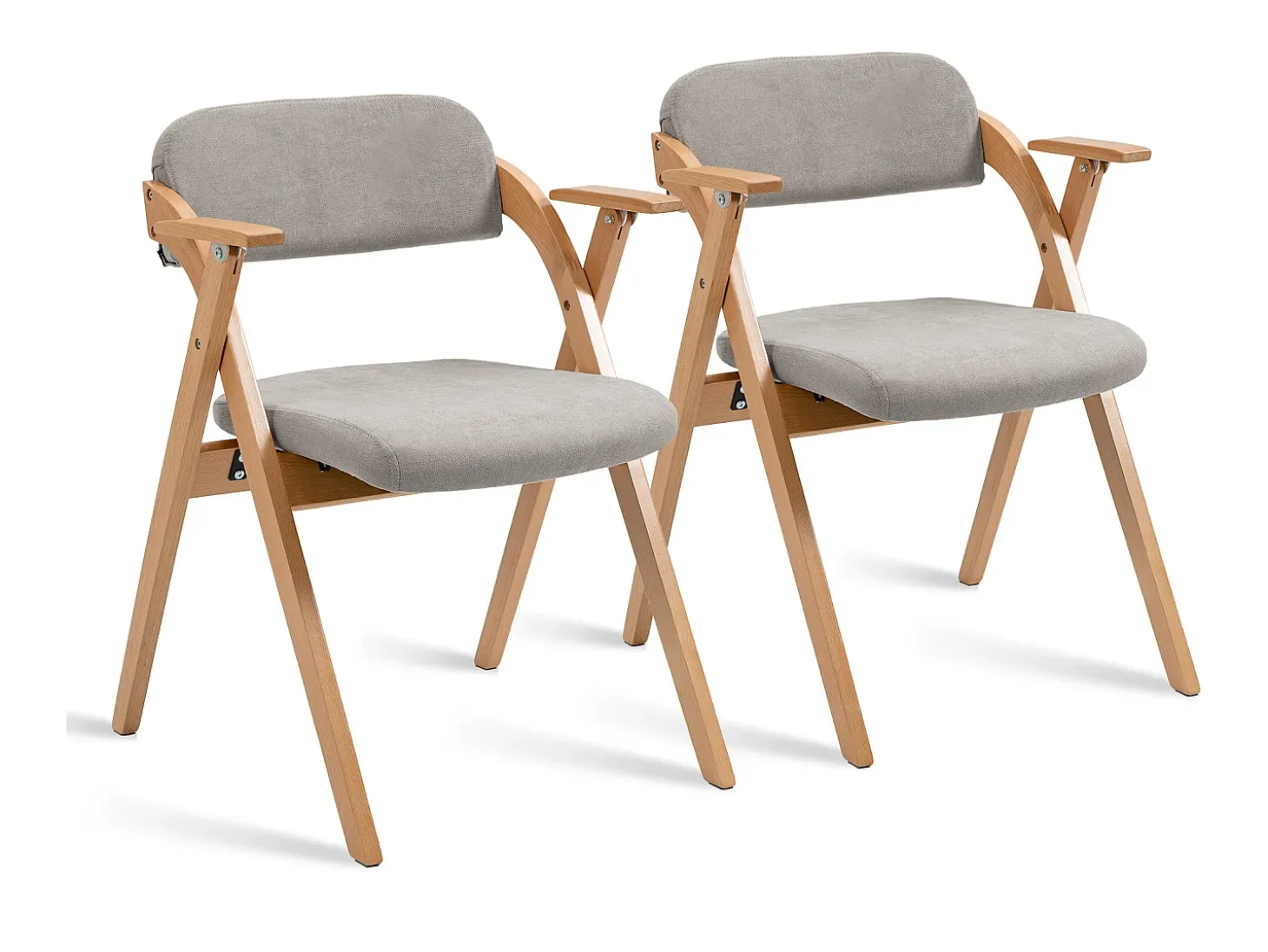 Sillas plegables con reposabrazos, juego de 2, silla de comedor apilable de madera con asientos tapizados, gris