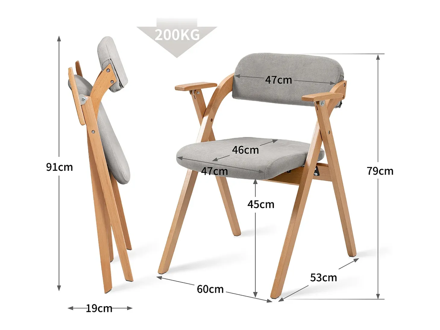 Sillas plegables con reposabrazos, juego de 2, silla de comedor apilable de madera con asientos tapizados, gris