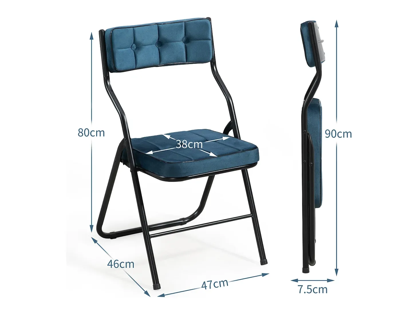 Sillas plegables de 2 piezas, sillas de comedor con cojín, plegables y portátiles, acero, azul (46x47x80 cm)