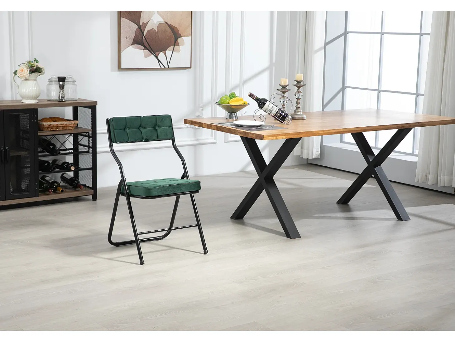 Sillas plegables de 2 piezas, sillas de comedor con cojín, acero, verde (46x47x80 cm)