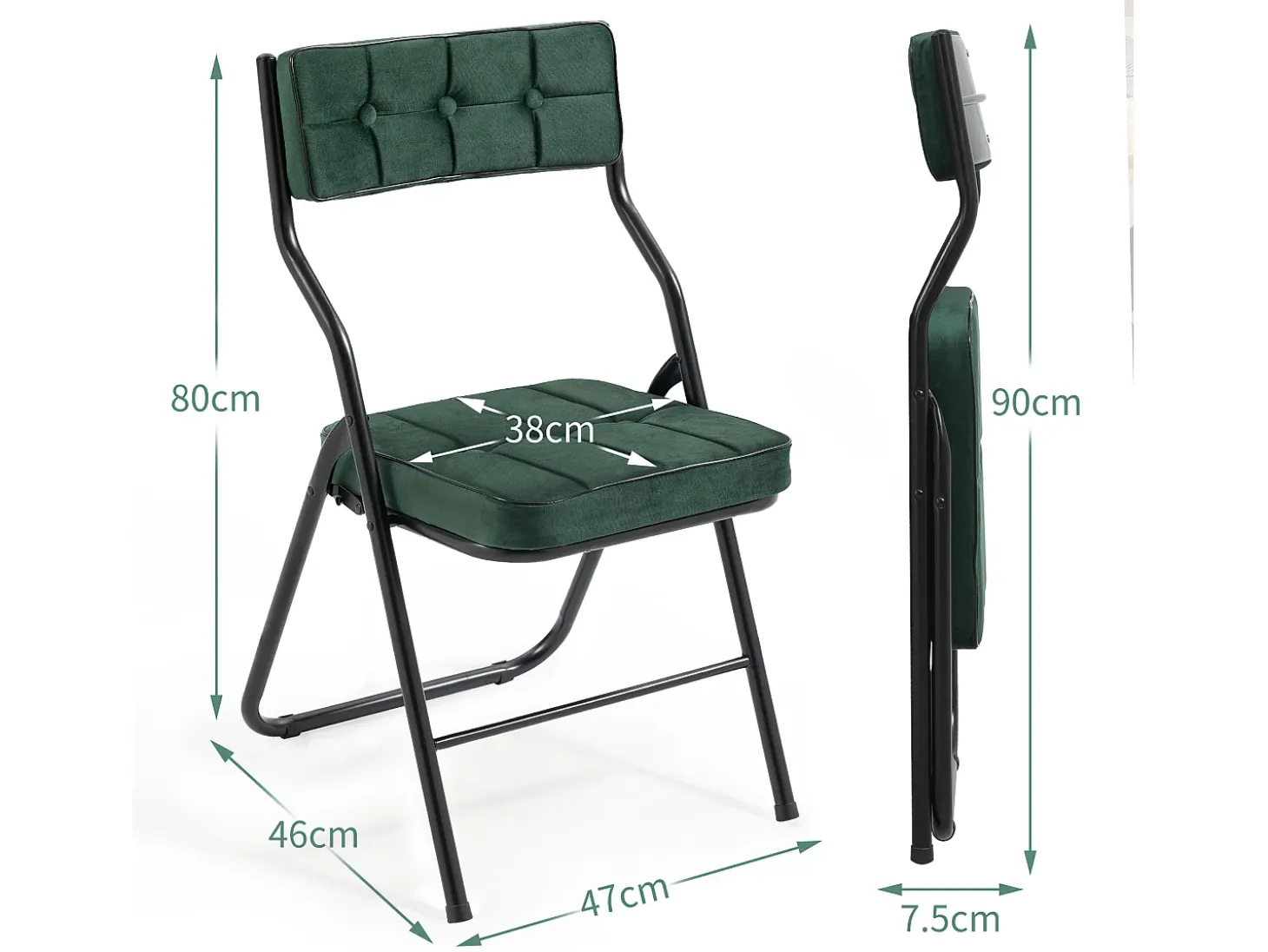 Sillas plegables de 2 piezas, sillas de comedor con cojín, acero, verde (46x47x80 cm)
