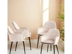 Sillón de terciopelo con patas de metal, set de 4 blanco roto