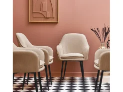 Sillón de terciopelo de canalé y patas de metal negro, set de 4 beige