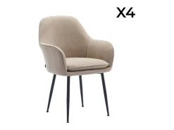 Sillón de terciopelo de canalé y patas de metal negro, set de 4 beige