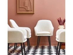 Sillón de terciopelo de canalé y patas de metal negro, set de 4 blanco