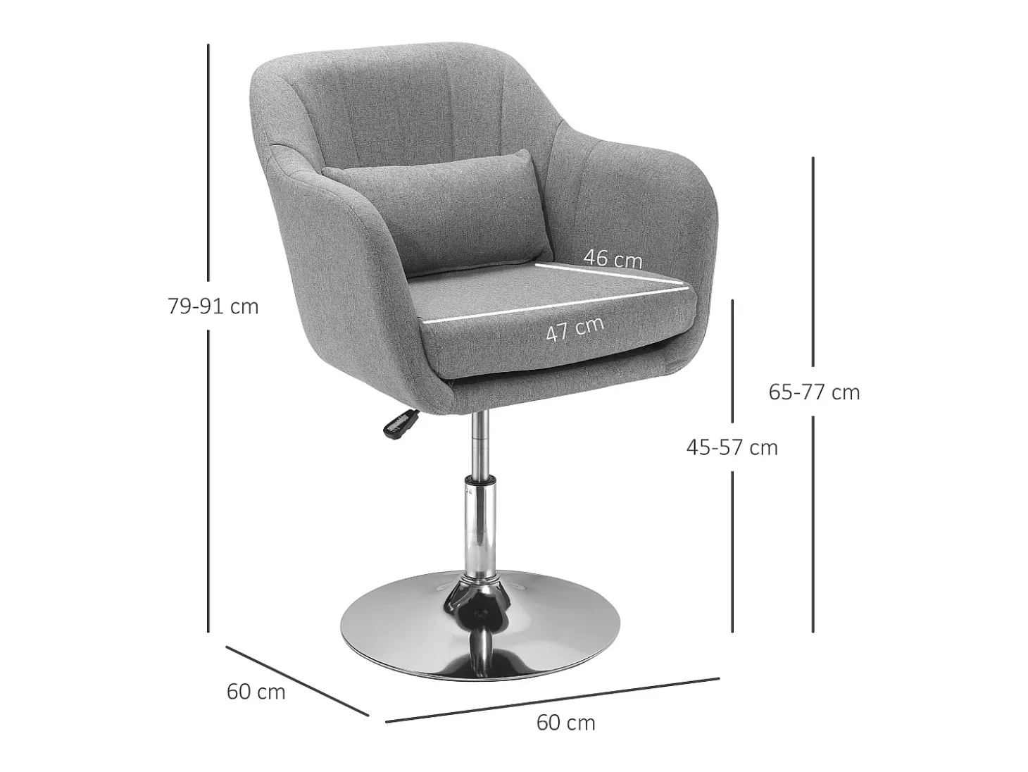 Sillón giratorio, regulable en altura, sillón decorativo de diseño retro, sillón reclinable con cojín de respaldo, lino, gris.