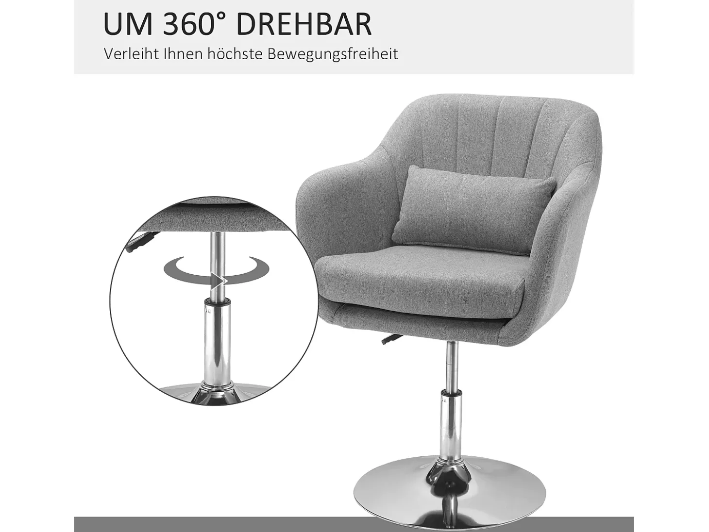 Sillón giratorio, regulable en altura, sillón decorativo de diseño retro, sillón reclinable con cojín de respaldo, lino, gris.