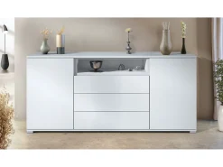 Skadu V4 Cajonera, Cómoda con 2 Puertas, 3 Cajones y 1 Compartimento abierto, blanco mate/blanco mate (166,5 x 75,5 x 35 cm)