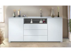 Skadu V4 Cajonera, Cómoda con 2 Puertas, 3 Cajones y 1 Compartimento abierto, blanco mate/gris de alto brillo (166,5 x 75,5 x 35 cm)