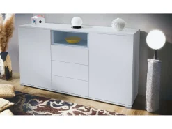 Skadu V2 Cajonera, Cómoda con 2 Puertas, 3 Cajones y 1 Compartimento abierto, blanco mate/mezclilla mate (138,5 x 75,5 x 35 cm)