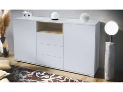 Skadu V2 Cajonera, Cómoda con 2 Puertas, 3 Cajones y 1 Compartimento abierto, blanco mate/roble natural (138,5 x 75,5 x 35 cm)