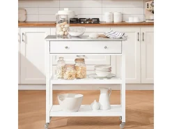 SoBuy Carrito de Cocina con Ruedas, Encimera de Acero Inoxidable, Estantes, en Blanco