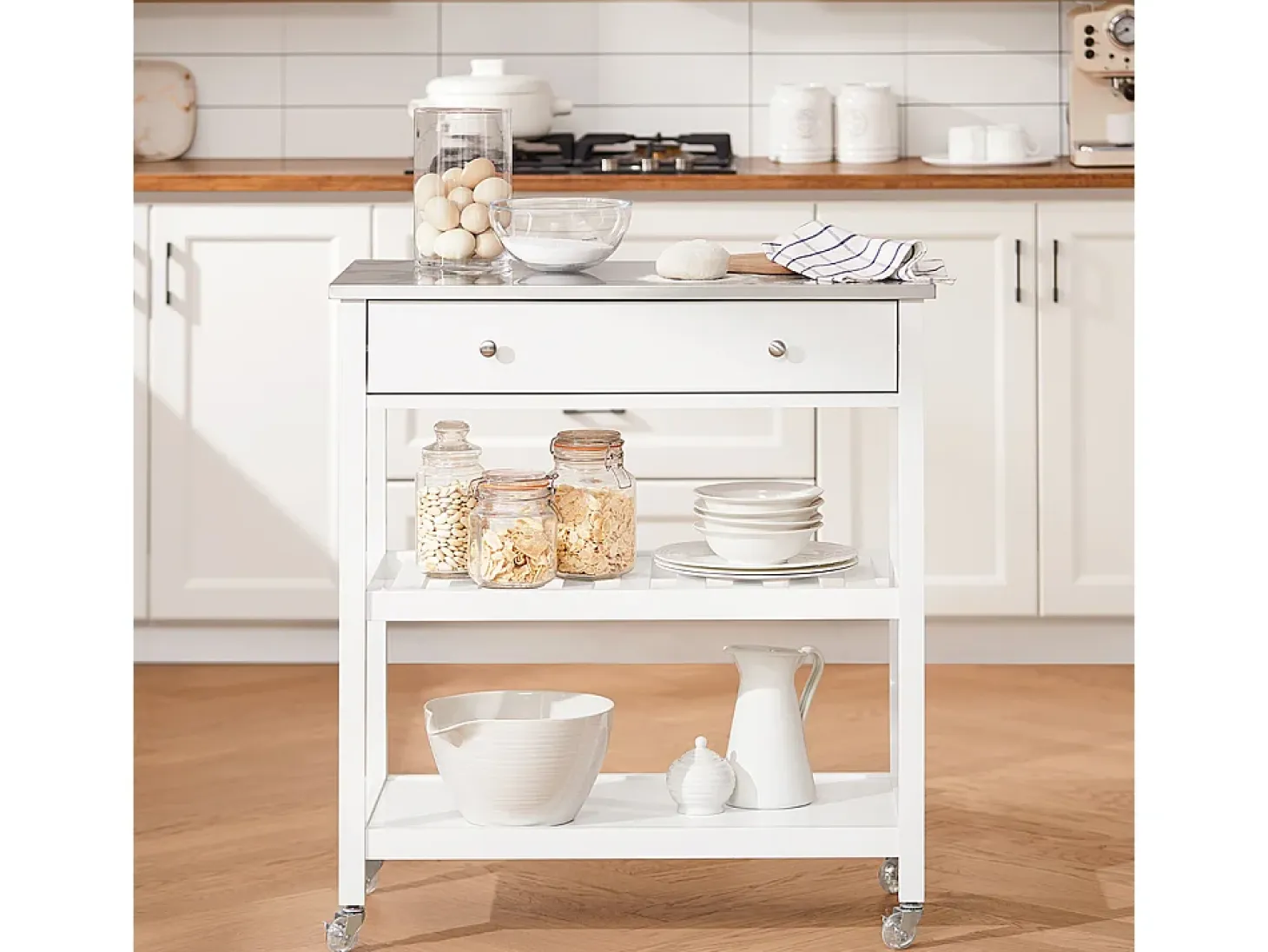 SoBuy Carrito de Cocina con Ruedas, Encimera de Acero Inoxidable, Estantes, en Blanco