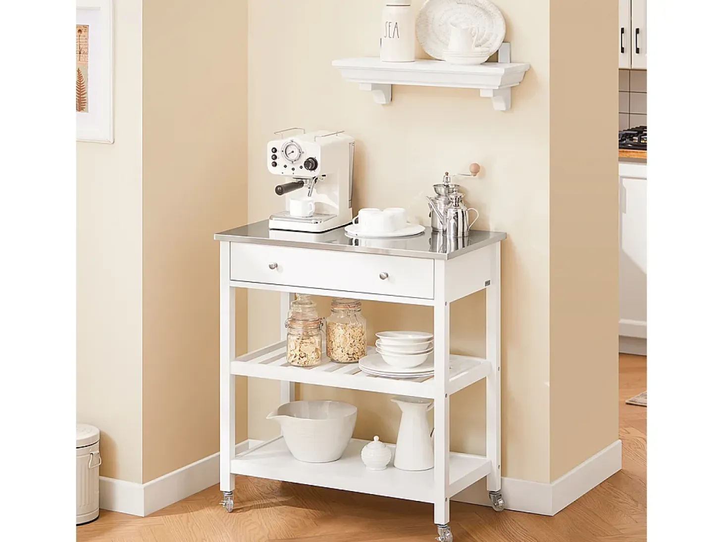 SoBuy Carrito de Cocina con Ruedas, Encimera de Acero Inoxidable, Estantes, en Blanco