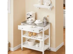 SoBuy Carrito de Cocina con Ruedas, Encimera de Acero Inoxidable, Estantes, en Blanco