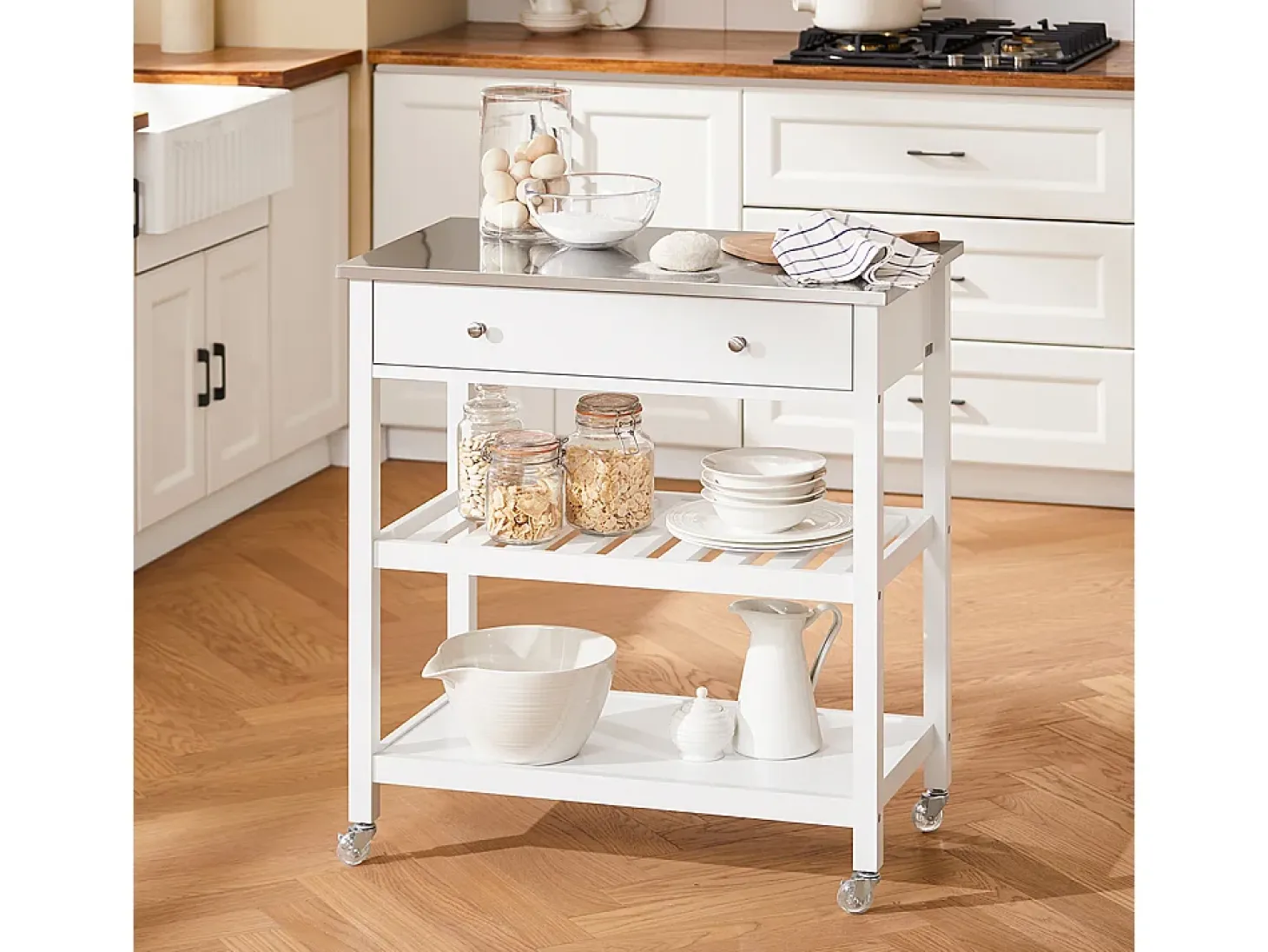 SoBuy Carrito de Cocina con Ruedas, Encimera de Acero Inoxidable, Estantes, en Blanco