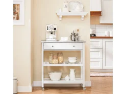 SoBuy Carrito de Cocina con Ruedas, Encimera de Acero Inoxidable, Estantes, en Blanco
