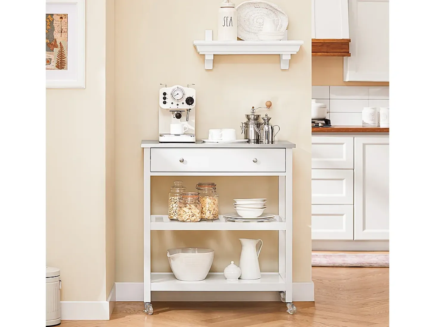 SoBuy Carrito de Cocina con Ruedas, Encimera de Acero Inoxidable, Estantes, en Blanco