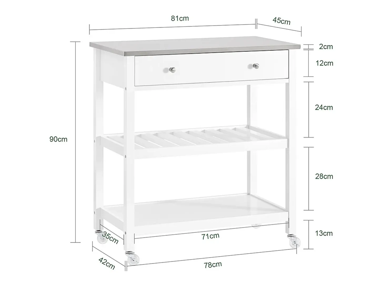SoBuy Carrito de Cocina con Ruedas, Encimera de Acero Inoxidable, Estantes, en Blanco